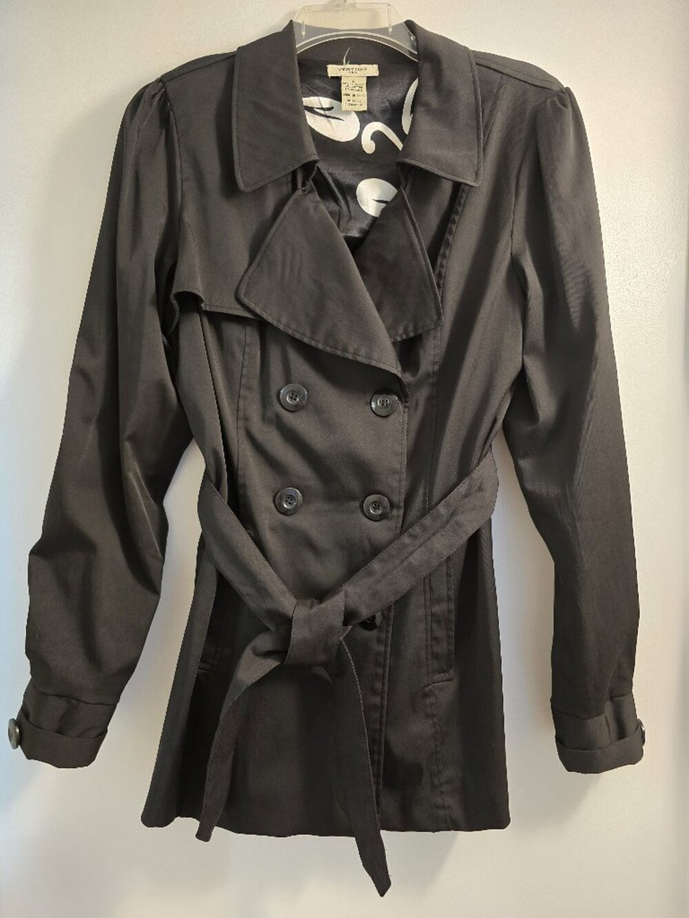 VERTIGO PARIS Black Trench Coat Belted Double Brested Floral Lining Large